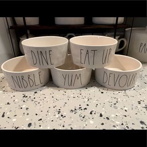 Assorted Rae Dunn small sized dog food bowls